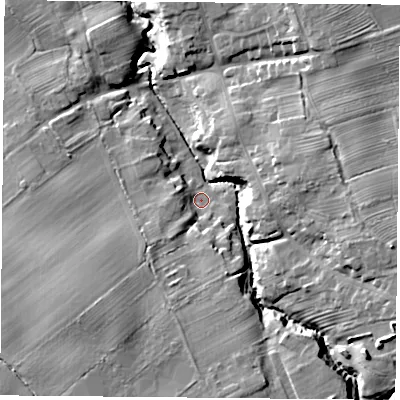 Shaded relief map of the ground around TS97HF, computed from Environment Agency LiDAR. The ground here sits at about 87 m above sea level and falls 18 m across the surrounding 800 m. Surface water reaching this point runs off ground lying to the south-west, 9.9 m higher.