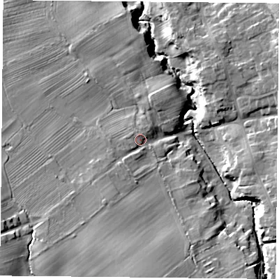 Shaded relief map of the ground around TS97HG, computed from Environment Agency LiDAR. The ground here sits at about 91 m above sea level and falls 17 m across the surrounding 800 m. Surface water reaching this point runs off ground lying to the south-west, 2.0 m higher.
