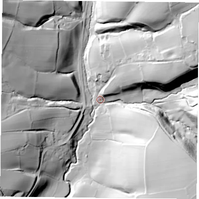 Shaded relief map of the ground around TS97HY, computed from Environment Agency LiDAR. The ground here sits at about 164 m above sea level and falls 58 m across the surrounding 800 m. Surface water reaching this point runs off ground lying to the south-east, 49.8 m higher.
