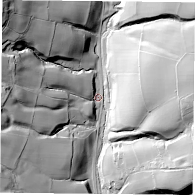 Shaded relief map of the ground around TS97JD, computed from Environment Agency LiDAR. The ground here sits at about 167 m above sea level and falls 89 m across the surrounding 800 m. Surface water reaching this point runs off ground lying to the west-north-west, 65.2 m higher.