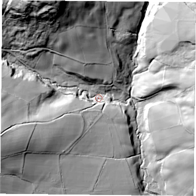 Shaded relief map of the ground around TS97JG, computed from Environment Agency LiDAR. The ground here sits at about 186 m above sea level and falls 86 m across the surrounding 800 m. Surface water reaching this point runs off ground lying to the north-north-west, 78.2 m higher.