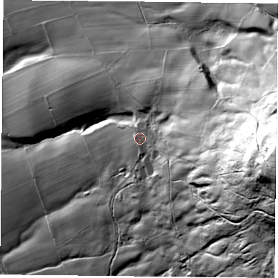 Shaded relief map of the ground around TS97JN, computed from Environment Agency LiDAR. The ground here sits at about 205 m above sea level and falls 154 m across the surrounding 800 m. Surface water reaching this point runs off ground lying to the east-south-east, 97.7 m higher.