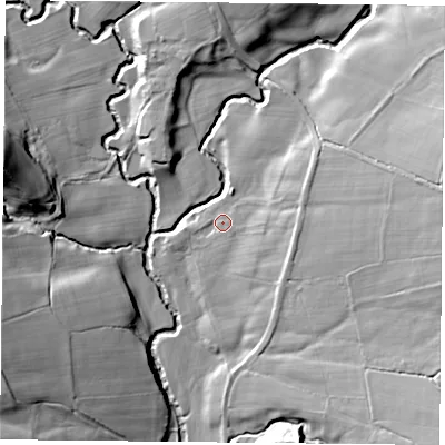 Shaded relief map of the ground around TS97LA, computed from Environment Agency LiDAR. The ground here sits at about 138 m above sea level and falls 27 m across the surrounding 800 m. Surface water reaching this point runs off ground lying to the east-north-east, 8.0 m higher.