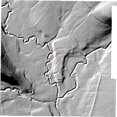 Shaded relief map of the ground around TS97LB, computed from Environment Agency LiDAR. The ground here sits at about 142 m above sea level and falls 56 m across the surrounding 800 m. Surface water reaching this point runs off ground lying to the north-north-east, 6.1 m higher.