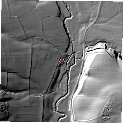 Shaded relief map of the ground around TS97LD, computed from Environment Agency LiDAR. The ground here sits at about 136 m above sea level and falls 49 m across the surrounding 800 m. Surface water reaching this point runs off ground lying to the west, 34.5 m higher.
