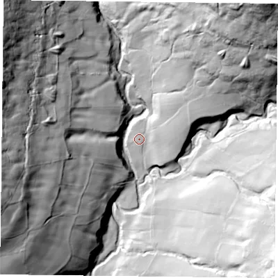 Shaded relief map of the ground around TS97LW, computed from Environment Agency LiDAR. The ground here sits at about 170 m above sea level and falls 120 m across the surrounding 800 m. Surface water reaching this point runs off ground lying to the north-east, 92.8 m higher.