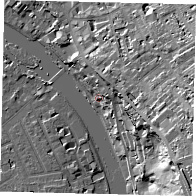 Shaded relief map of the ground around TW106UJ, computed from Environment Agency LiDAR. The ground here sits at about 8 m above sea level and falls 40 m across the surrounding 800 m. Surface water reaching this point runs off ground lying to the east-north-east, 18.7 m higher.