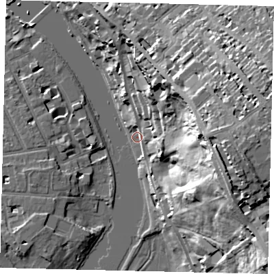 Shaded relief map of the ground around TW106UT, computed from Environment Agency LiDAR. The ground here sits at about 5 m above sea level and falls 40 m across the surrounding 800 m. Surface water reaching this point runs off ground lying to the east-north-east, 30.4 m higher.