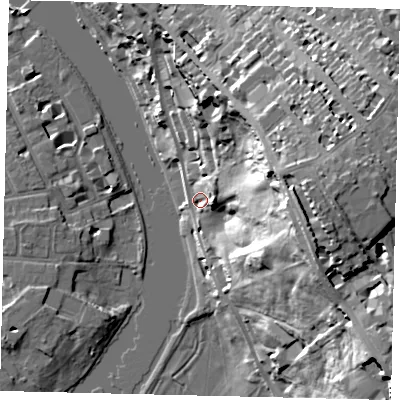Shaded relief map of the ground around TW106UX, computed from Environment Agency LiDAR. The ground here sits at about 9 m above sea level and falls 41 m across the surrounding 800 m. Surface water reaching this point runs off ground lying to the north-east, 9.0 m higher.