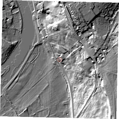 Shaded relief map of the ground around TW106UY, computed from Environment Agency LiDAR. The ground here sits at about 11 m above sea level and falls 51 m across the surrounding 800 m. Surface water reaching this point runs off ground lying to the east-north-east, 30.6 m higher.