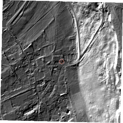 Shaded relief map of the ground around TW107AA, computed from Environment Agency LiDAR. The ground here sits at about 7 m above sea level and falls 53 m across the surrounding 800 m. Surface water reaching this point runs off ground lying to the east-south-east, 50.7 m higher.