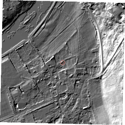 Shaded relief map of the ground around TW107AB, computed from Environment Agency LiDAR. The ground here sits at about 6 m above sea level and falls 42 m across the surrounding 800 m. Surface water reaching this point runs off ground lying to the south-south-east, 7.7 m higher.