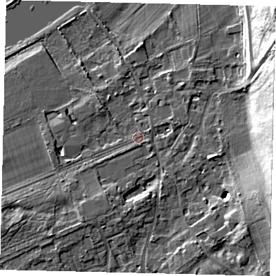 Shaded relief map of the ground around TW107AH, computed from Environment Agency LiDAR. The ground here sits at about 6 m above sea level and falls 22 m across the surrounding 800 m. Surface water reaching this point runs off ground lying to the south-south-west, 0.9 m higher.