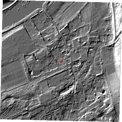 Shaded relief map of the ground around TW107BA, computed from Environment Agency LiDAR. The ground here sits at about 6 m above sea level and falls 18 m across the surrounding 800 m. Surface water reaching this point runs off ground lying to the south-south-west, 6.1 m higher.