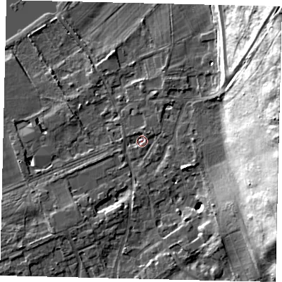 Shaded relief map of the ground around TW107BF, computed from Environment Agency LiDAR. The ground here sits at about 6 m above sea level and falls 34 m across the surrounding 800 m. Surface water reaching this point runs off ground lying to the north-north-east, 2.5 m higher.