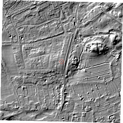 Shaded relief map of the ground around TW107DA, computed from Environment Agency LiDAR. The ground here sits at about 9 m above sea level and falls 9 m across the surrounding 800 m. Surface water reaching this point runs off ground lying to the south-west, 0.6 m higher.