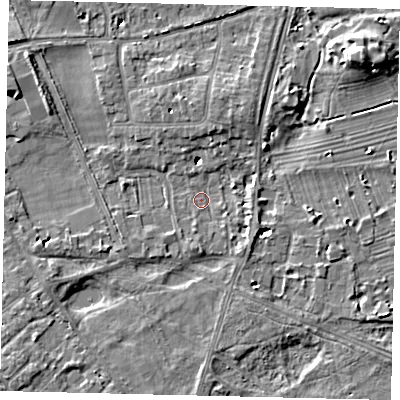 Shaded relief map of the ground around TW107DF, computed from Environment Agency LiDAR. The ground here sits at about 7 m above sea level and falls 8 m across the surrounding 800 m. Surface water reaching this point runs off ground lying to the north-north-east, 2.9 m higher.
