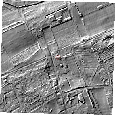 Shaded relief map of the ground around TW107HA, computed from Environment Agency LiDAR. The ground here sits at about 8 m above sea level and falls 5 m across the surrounding 800 m. Surface water reaching this point runs off ground lying to the north-north-west, 0.7 m higher.