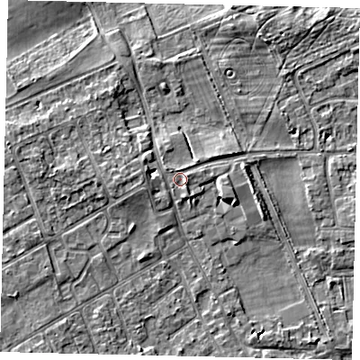 Shaded relief map of the ground around TW107HB, computed from Environment Agency LiDAR. The ground here sits at about 8 m above sea level and falls 5 m across the surrounding 800 m. Surface water reaching this point runs off ground lying to the east-south-east, 1.2 m higher.
