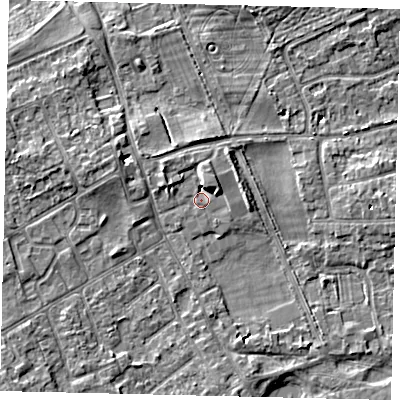 Shaded relief map of the ground around TW107HN, computed from Environment Agency LiDAR. The ground here sits at about 7 m above sea level and falls 5 m across the surrounding 800 m. Surface water reaching this point runs off ground lying to the north-east, 1.9 m higher.