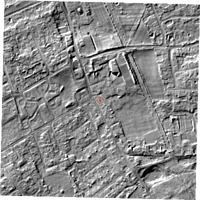 Shaded relief map of the ground around TW107HP, computed from Environment Agency LiDAR. The ground here sits at about 7 m above sea level and falls 5 m across the surrounding 800 m. Surface water reaching this point runs off ground lying to the north-north-west, 2.7 m higher.