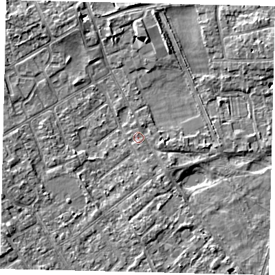 Shaded relief map of the ground around TW107HR, computed from Environment Agency LiDAR. The ground here sits at about 7 m above sea level and falls 6 m across the surrounding 800 m. Surface water reaching this point runs off ground lying to the south-south-east, 1.6 m higher.