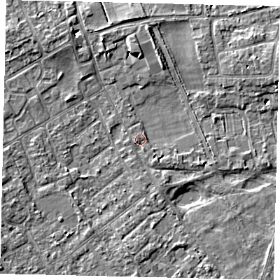 Shaded relief map of the ground around TW107HT, computed from Environment Agency LiDAR. The ground here sits at about 7 m above sea level and falls 5 m across the surrounding 800 m. Surface water reaching this point runs off ground lying to the south-south-east, 1.5 m higher.