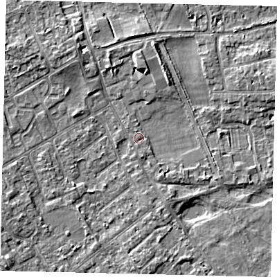 Shaded relief map of the ground around TW107HU, computed from Environment Agency LiDAR. The ground here sits at about 7 m above sea level and falls 5 m across the surrounding 800 m. Surface water reaching this point runs off ground lying to the south-south-east, 1.8 m higher.