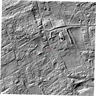 Shaded relief map of the ground around TW107HW, computed from Environment Agency LiDAR. The ground here sits at about 7 m above sea level and falls 5 m across the surrounding 800 m. Surface water reaching this point runs off ground lying to the north, 2.8 m higher.