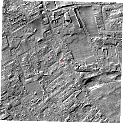 Shaded relief map of the ground around TW107HX, computed from Environment Agency LiDAR. The ground here sits at about 7 m above sea level and falls 6 m across the surrounding 800 m. Surface water reaching this point runs off ground lying to the south-south-east, 1.8 m higher.