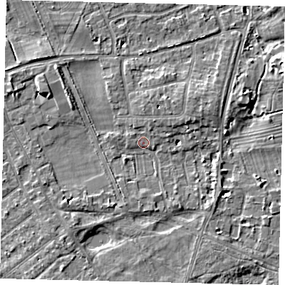 Shaded relief map of the ground around TW107JJ, computed from Environment Agency LiDAR. The ground here sits at about 7 m above sea level and falls 6 m across the surrounding 800 m. Surface water reaching this point runs off ground lying to the east-north-east, 5.0 m higher.
