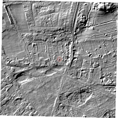 Shaded relief map of the ground around TW107JL, computed from Environment Agency LiDAR. The ground here sits at about 8 m above sea level and falls 8 m across the surrounding 800 m. Surface water reaching this point runs off ground lying to the east, 1.8 m higher.