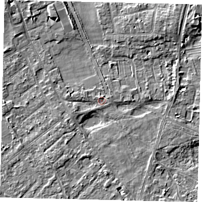 Shaded relief map of the ground around TW107JQ, computed from Environment Agency LiDAR. The ground here sits at about 7 m above sea level and falls 5 m across the surrounding 800 m. Surface water reaching this point runs off ground lying to the north-west, 1.4 m higher.