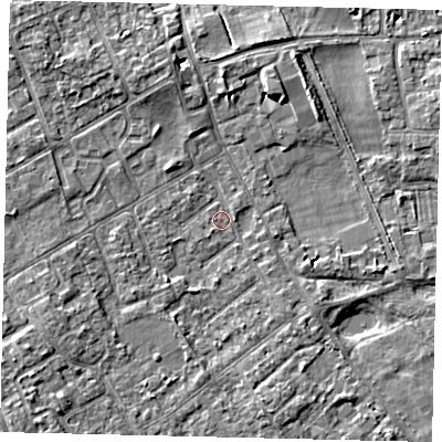 Shaded relief map of the ground around TW107LA, computed from Environment Agency LiDAR. The ground here sits at about 7 m above sea level and falls 5 m across the surrounding 800 m. Surface water reaching this point runs off ground lying to the south-east, 1.8 m higher.