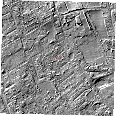 Shaded relief map of the ground around TW107LB, computed from Environment Agency LiDAR. The ground here sits at about 7 m above sea level and falls 5 m across the surrounding 800 m. Surface water reaching this point runs off ground lying to the south-east, 1.8 m higher.