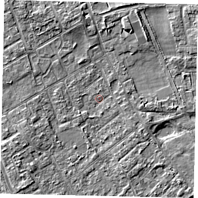 Shaded relief map of the ground around TW107LD, computed from Environment Agency LiDAR. The ground here sits at about 7 m above sea level and falls 6 m across the surrounding 800 m. Surface water reaching this point runs off ground lying to the south-east, 1.8 m higher.