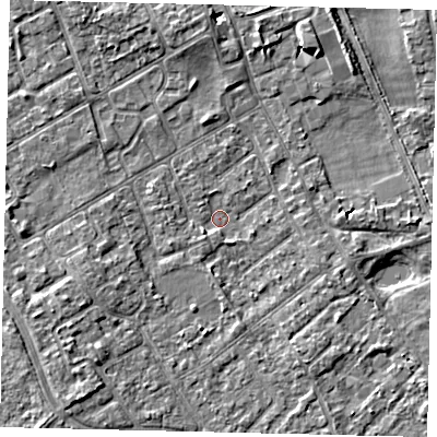 Shaded relief map of the ground around TW107LE, computed from Environment Agency LiDAR. The ground here sits at about 7 m above sea level and falls 6 m across the surrounding 800 m. Surface water reaching this point runs off ground lying to the east-south-east, 1.8 m higher.
