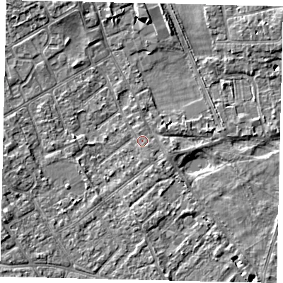 Shaded relief map of the ground around TW107LF, computed from Environment Agency LiDAR. The ground here sits at about 7 m above sea level and falls 5 m across the surrounding 800 m. Surface water reaching this point runs off ground lying to the south-east, 1.6 m higher.