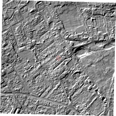 Shaded relief map of the ground around TW107LH, computed from Environment Agency LiDAR. The ground here sits at about 8 m above sea level and falls 5 m across the surrounding 800 m. Surface water reaching this point runs off ground lying to the north-east, 1.5 m higher.