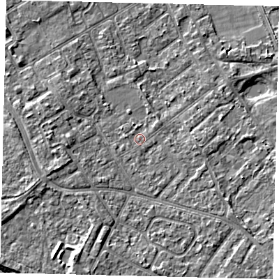 Shaded relief map of the ground around TW107LL, computed from Environment Agency LiDAR. The ground here sits at about 7 m above sea level and falls 7 m across the surrounding 800 m. Surface water reaching this point runs off ground lying to the east, 1.9 m higher.