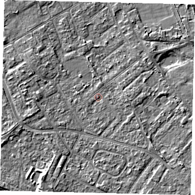 Shaded relief map of the ground around TW107LN, computed from Environment Agency LiDAR. The ground here sits at about 8 m above sea level and falls 7 m across the surrounding 800 m. Surface water reaching this point runs off ground lying to the east, 1.8 m higher.