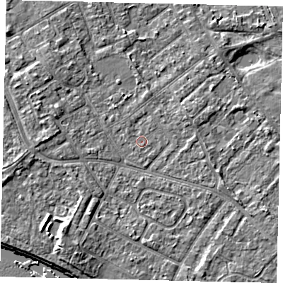 Shaded relief map of the ground around TW107LP, computed from Environment Agency LiDAR. The ground here sits at about 7 m above sea level and falls 7 m across the surrounding 800 m. Surface water reaching this point runs off ground lying to the south, 0.6 m higher.