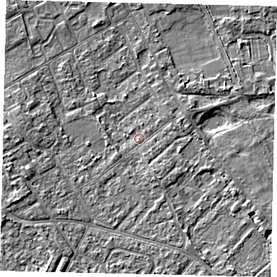 Shaded relief map of the ground around TW107LQ, computed from Environment Agency LiDAR. The ground here sits at about 7 m above sea level and falls 6 m across the surrounding 800 m. Surface water reaching this point runs off ground lying to the east-north-east, 1.5 m higher.
