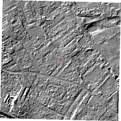 Shaded relief map of the ground around TW107LR, computed from Environment Agency LiDAR. The ground here sits at about 7 m above sea level and falls 7 m across the surrounding 800 m. Surface water reaching this point runs off ground lying to the west-south-west, 0.5 m higher.