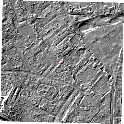 Shaded relief map of the ground around TW107LS, computed from Environment Agency LiDAR. The ground here sits at about 8 m above sea level and falls 7 m across the surrounding 800 m. Surface water reaching this point runs off ground lying to the north, 1.4 m higher.