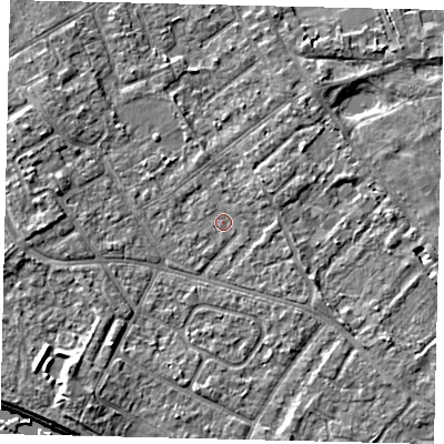 Shaded relief map of the ground around TW107LW, computed from Environment Agency LiDAR. The ground here sits at about 7 m above sea level and falls 7 m across the surrounding 800 m. Surface water reaching this point runs off ground lying to the south-west, 0.5 m higher.