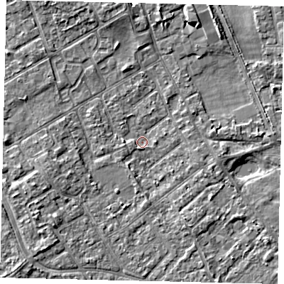 Shaded relief map of the ground around TW107NA, computed from Environment Agency LiDAR. The ground here sits at about 7 m above sea level and falls 6 m across the surrounding 800 m. Surface water reaching this point runs off ground lying to the east-south-east, 1.8 m higher.