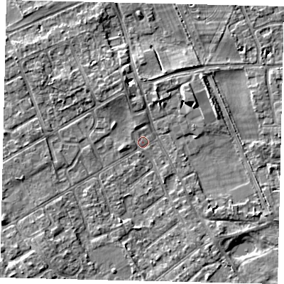 Shaded relief map of the ground around TW107NF, computed from Environment Agency LiDAR. The ground here sits at about 7 m above sea level and falls 5 m across the surrounding 800 m. Surface water reaching this point runs off ground lying to the north-west, 2.7 m higher.