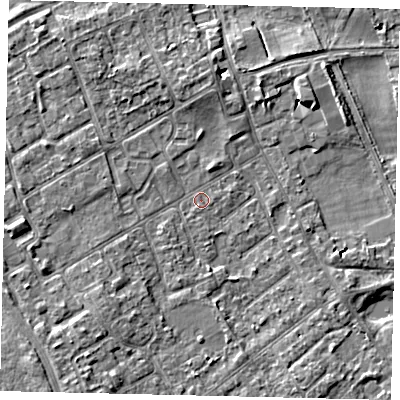 Shaded relief map of the ground around TW107NG, computed from Environment Agency LiDAR. The ground here sits at about 7 m above sea level and falls 5 m across the surrounding 800 m. Surface water reaching this point runs off ground lying to the north, 2.4 m higher.
