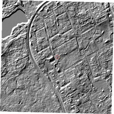 Shaded relief map of the ground around TW107NL, computed from Environment Agency LiDAR. The ground here sits at about 8 m above sea level and falls 5 m across the surrounding 800 m. Surface water reaching this point runs off ground lying to the west-south-west, 1.8 m higher.